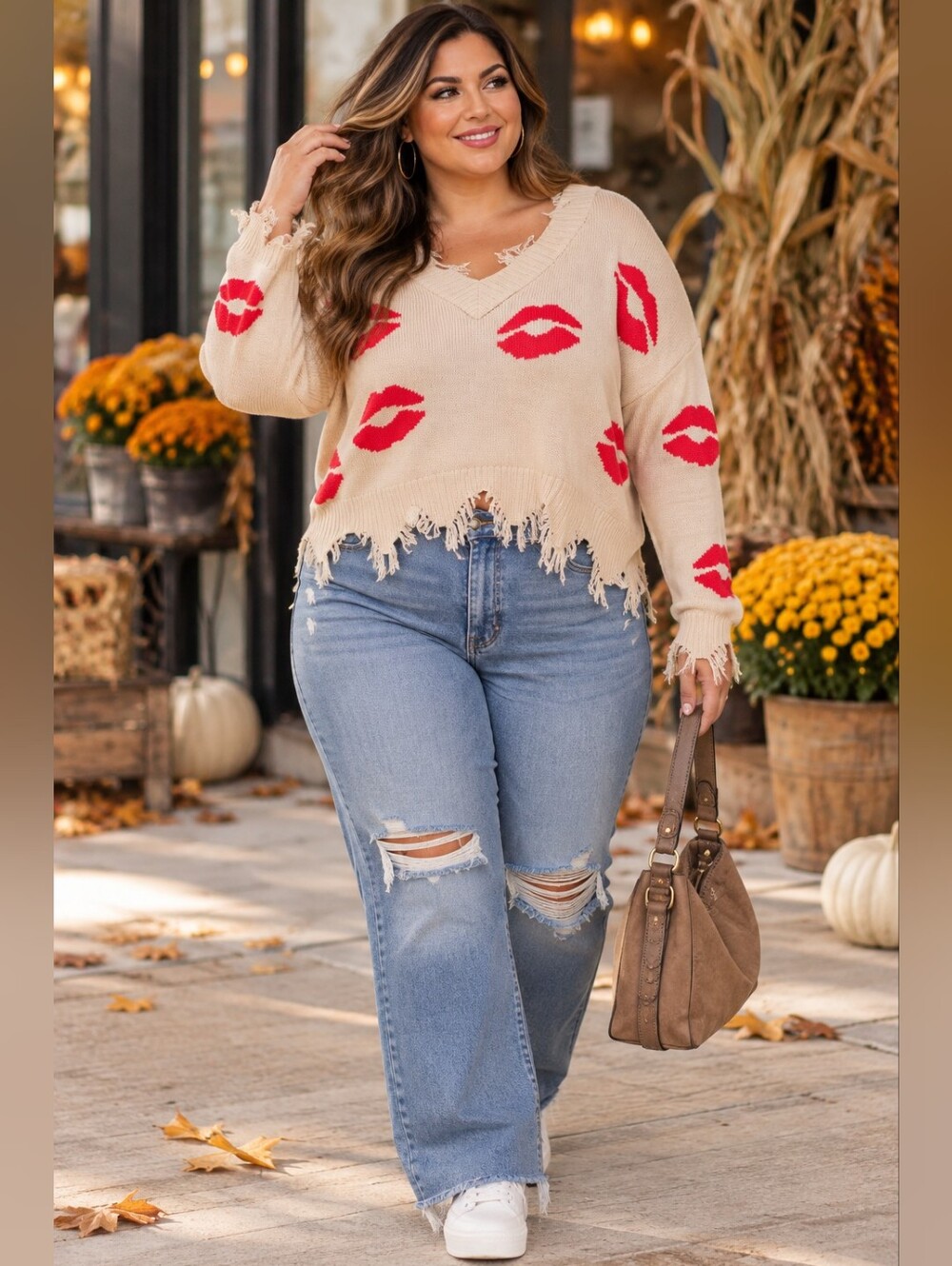 JUST POLLY New York Oversized Distressed Lips Kiss Knit Sweater Edgy Y2K
